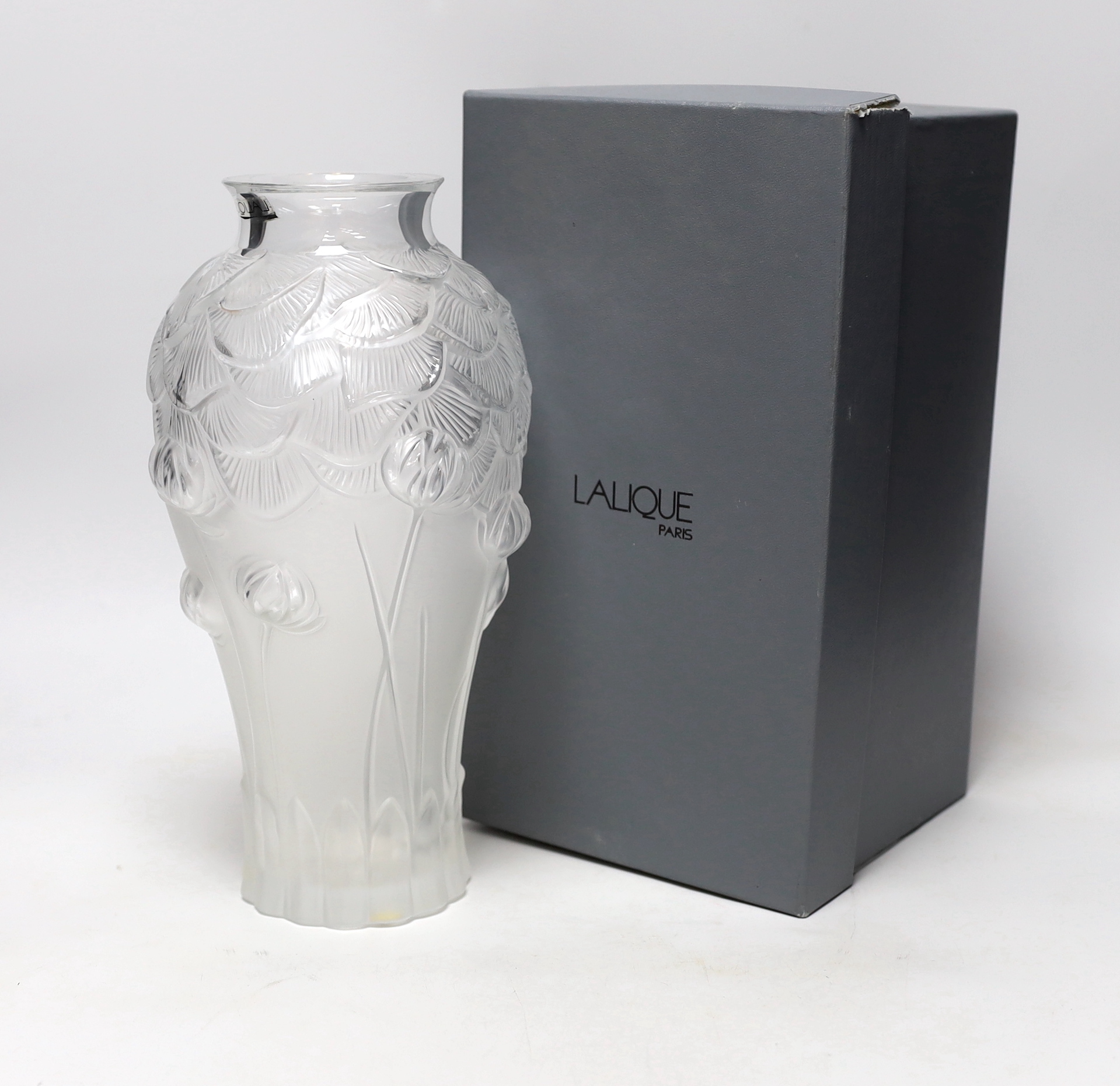 A Lalique ‘Giverny’ baluster vase with original box, 28.5cm